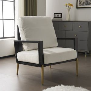Poltrona Moderna Chic Bianca Imbottita con Schienale Basso, Ampia e Minimalista, Braccioli, Gambe in Metallo Dorato, Legno di Gomma, per Soggiorno - Product Image 1