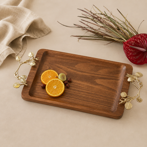 Bandeja de Servir Artesanal de Madera de Acacia Premium con Elegantes Asas Metálicas Florales Doradas, Bandeja Decorativa Rectangular de Lujo - Product Image 4