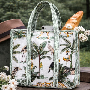 กระเป๋าช้อปปิ้งชายหาดผ้าฝ้ายลายดอกไม้รักษ์โลก น้ำหนักเบา ทำมือ พิมพ์ลายบล็อก  แบบเย็บติดกัน พร้อมช่องใส่ของด้านใน - Product Image 1