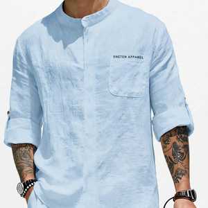 Conjunto de camisa y pantalones de lino y algodón azul claro para hombre, conjunto deportivo informal de manga larga para verano - Product Image 6