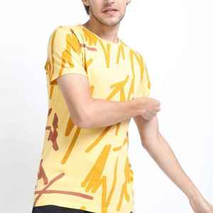 Men's Yellow <b>Geometric</b> Print O-Neck Short Sleeve T-<b>Shirt</b> Regular Fit Casual 100% Cotton Breathable Jersey Knitted - Product Image 1