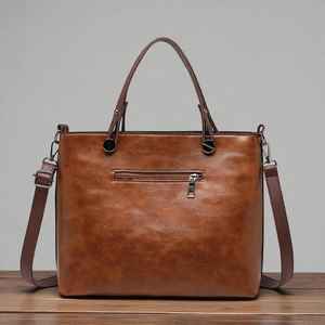 Grand sac fourre-tout décontracté rétro en cuir véritable avec fermeture éclair, imperméable, portable, sac à bandoulière et sac à main pour femme - Product Image 1