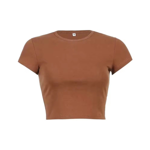 Women's Crop Top T-Shirt Short Sleeve Crew Neck Solid Color Slim Fit Tee All Seasons <b>Brown</b> Women's T-Shirts - Product Image 1