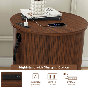 Ensemble de 2 tables de chevet cylindriques modernes du milieu du siècle à 2 niveaux avec station de charge intégrée et porte coulissante pour chambre à coucher - Product Image 5