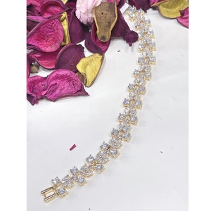 Gold Plated Tennis <b>Bracelet</b> With Princess Cut <b>Crystal</b> Rhinestones For Women Wedding Party Wear Classic Style - Product Image 1