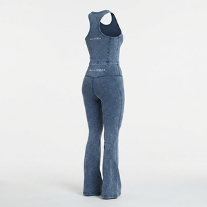 Women <b>Blue</b> Acid Wash Yoga Set Tank <b>Crop</b> <b>Top</b> High Waist Flare Leggings Gym Fitness Workout Activewear - Product Image 3