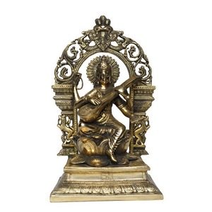 High Quality Handcrafted <b>Gold</b>-Plated Brass Goddess Saraswati <b>Statue</b> Traditional Antique Design for Prayer Rooms Meditation - Product Image 3