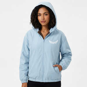 Light Blue Hooded Fleece <b>Jacket</b> With Wing Logo Zipper Front Casual Unisex Autumn Wear - Product Image 2