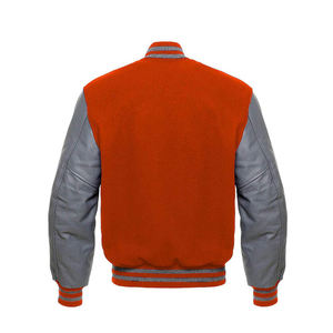 Premium Unisex Orange and Grey Varsity <b>Jacket</b> with Wool Blend Body Faux <b>Leather</b> Sleeves Snap Button Closure Rib Knit Collar Cuff - Product Image 3