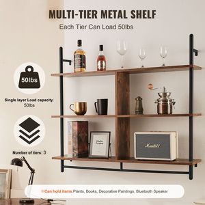 Mensola a 3 livelli in legno rustico con tubi industriali da parete 41,5x9,84 pollici per libreria e esposizione - Product Image 2