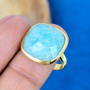 Bague en argent sterling 925 avec pierre précieuse amazonite naturelle faite à la main en forme de coussin, micro-plaqué or 18 carats - Product Image 3