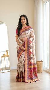 Sari de Seda Viscosa Pura con Bordado Meenakari y Zari, Borde Floral, Traje Tradicional Indio para Bodas y Fiestas, Largo hasta el Suelo para Mujer - Product Image 4