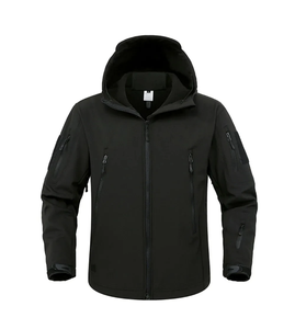 Veste polaire à capuche pour homme, coupe-vent, style vêtements de travail d'hiver, fermeture éclair, noir uni, coupe droite - Product Image 2