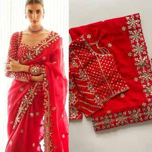 Luxury <b>Red</b> Organza Saree with Mirror Embroidery Work Designer Winter Wedding Party Wear Wrinkle Free Indian Saree for Women - Product Image 3