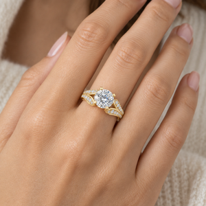 1 Carat Leaf Scroll <b>Split</b> Shank Vintage 14K Yellow Gold IGI Certified Lab Grown Diamond Engagement Wedding <b>Ring</b> OEM Custom - Product Image 3