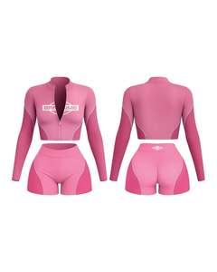 Ensemble de vêtements de sport pour femmes en deux pièces, veste courte à manches longues et short, imprimé lettres, col montant, polyester respirant, printemps - Product Image 5