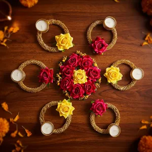 Juego de Portavelas de Loto Rosa Hechos a Mano con Centro de Mesa Verde para Diwali, Pooja, Bodas y Decoración del Hogar - Product Image 1