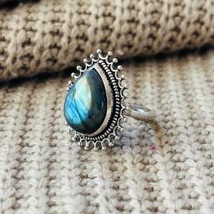 Boho <b>Labradorite</b> Vintage Brass <b>Ring</b> Silver Plated Tribal Cocktail Wholesale <b>Ring</b> For Women - Product Image 1
