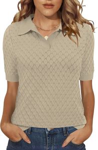 Camiseta Polo de Punto para Mujer con Patrón Geométrico, Manga Corta, Casual, Largo Regular, Diseño Zigzag Beige y Negro - Product Image 5