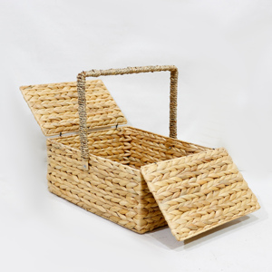 Water Hyacinth Vintage <b>Rectangle</b> Picnic <b>Basket</b> Handwoven <b>Storage</b> with Handle - Product Image 3