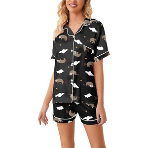 Short Sleeve <b>Pajamas</b> <b>Set</b> With Sloth Print <b>Black</b> Cotton Sleepwear Casual Summer Nightwear 2 Piece Button Front Design - Product Image 2
