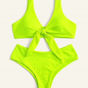 Women's Halter Neckline Contrast Binding 2-Piece Bikini Set <b>V</b>-<b>String</b> Bottoms Micro Bra Spandex/Polyester Quick Dry Breathable - Product Image 4