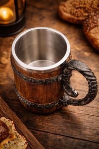 Chope à bière Viking en bois poli fait main, style rustique médiéval, avec doublure en acier inoxydable - Product Image 4