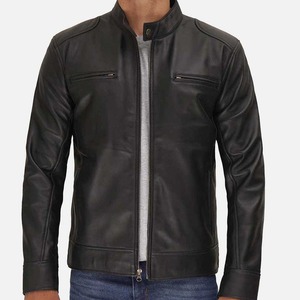 Fashionable Trend High-quality Slim-fit <b>Zip</b> <b>up</b> 100% Leather <b>Jacket</b> Attractive Black Ivory Full-grain Leather <b>Jacket</b> for Men - Product Image 2
