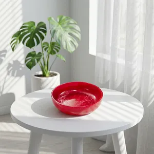 Red White Round Glossy Matte Resin Salad <b>Bowl</b> Embossed Floral Pattern <b>Lid</b> Stackable Dishwasher Safe Dinnerware for Home Party - Product Image 1