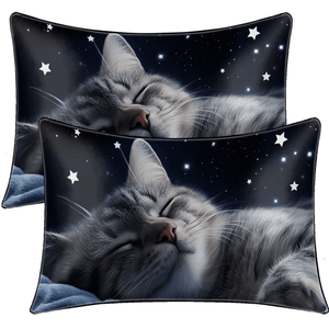 2 fodere per cuscini decorative con gatto nero, chiusura con cerniera, simpatici animali, motivo stelle notturne, decorazioni per il comfort notturno - Product Image 1