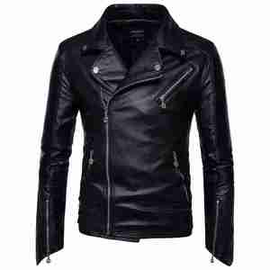 Blouson moto en cuir marron pour homme, col montant, fermeture éclair, coupe ajustée, manches classiques, couleur unie, idéal pour l'automne - Product Image 6