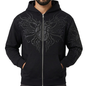 Sudaderas con capucha negras de cremallera completa, de algodón grueso y forro polar, con gráfico gótico en relieve, estilo urbano, logotipo personalizado, talla grande, al por mayor para hombre - Product Image 5