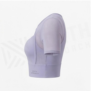 North Approach Scoop Neck Crop <b>Top</b> Short Sleeve Cut-Out Sheer <b>Layer</b> Solid Yoga Wear - Product Image 3