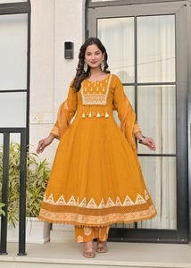 Women's Mustard Cotton <b>Kurta</b> With Pant And Dupatta Set Loose Fit Floor Length Traditional <b>Indian</b> Pakistani Style Casual Wear - Product Image 5