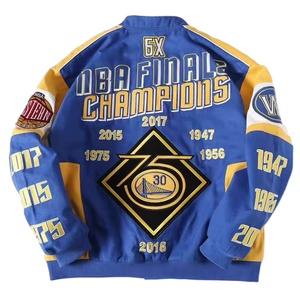 Chaquetas Varsity de Carreras con Parches Gráficos Bordados OEM, 100% Algodón, Cuello Alto, Detalles de Punto Acanalado, Botones a Presión - Product Image 5