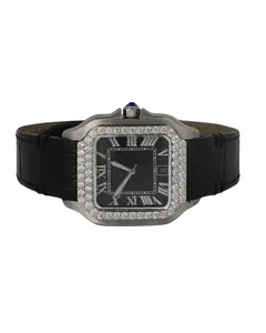 Montre de luxe antique avec mouvement serti de diamants, bracelet en caoutchouc noir et cadran romain, or blanc, diamants Moissanite VVS, bijoux Hip Hop - Product Image 1