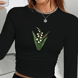 Camiseta de Manga Larga para Mujer con Estampado Botánico de Lirio de los Valles, Estilo Y2K, Cuello Redondo, Manga Larga, Corte Regular, Spandex, Poliéster - Product Image 1