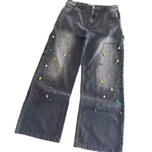 High Quality Fashion Streetwear Women Breathable Polyester <b>Winter</b> Washed Pearls Wide Leg Flare Pants Multi Pocket High <b>Jeans</b> - Product Image 3