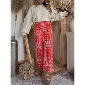 Wholesale Custom <b>Women</b> <b>Red</b> Bandana Paisley Printed Denim <b>Jeans</b> High Waist Casual Straight Leg Y2K Streetwear Fashion Trousers - Product Image 4