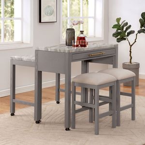 Set da Pranzo Rustico Grigio Chiaro 3 Pezzi, Tavolo con Piano in Finto Marmo e Cassetto Portaoggetti, 2 Sgabelli, Arredamento per Sala da Pranzo - Product Image 1