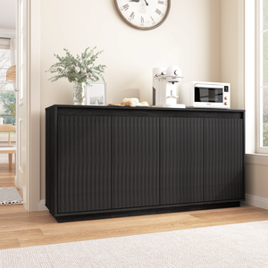 4-Door <b>Black</b> Wood <b>Sideboard</b> Buffet Cabinet with Power Outlet Wavy Vertical Texture Accent No Handle Design - Product Image 3