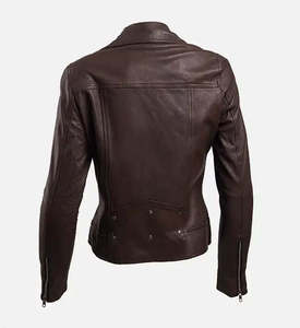 Women’s Dark Brown Genuine <b>Leather</b> Biker <b>Jacket</b> Full Sleeve Stand Collar Zipper Closure Autumn Style - Product Image 2