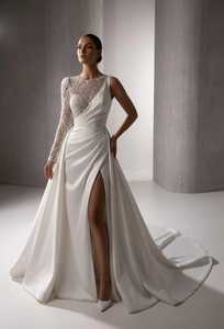 Hand Beaded Sleeveless Strapless A-Line Bridal Dress Zipper Crystal Embroidery Draped Satin Skirt Natural Waistline Floor-Length - Product Image 4