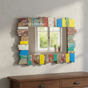 Miroir artisanal multicolore en bois de bateau recyclé, couleur naturelle, pour décoration murale et intérieure, salon ou chambre. - Product Image 4