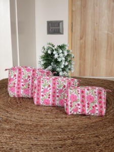 Eco-Friendly Vintage Cotton Block Printed <b>Large</b> Water Resistant Lightweight <b>Makeup</b> Cosmetic <b>Bag</b> Set with Zipper Closure 3 PCS - Product Image 5