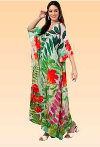 Robe Kaftan Courte pour Femme – Imprimé Paon Ethnique Jaune et Vert, Tunique Ample Festive - Product Image 2