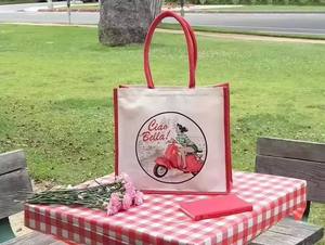 Heavy Duty Jute Picnic Tote <b>Bag</b> with Cotton Handles Reusable Carry <b>Bag</b> - Product Image 3