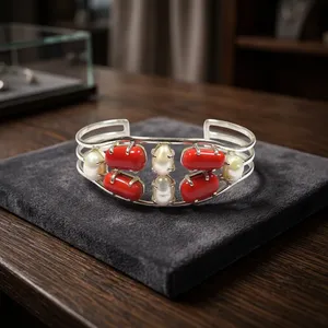 Bracelet manchette en argent sterling 925 véritable avec perles de corail rouge naturel et perles d'eau douce, jonc ouvert, bijoux fantaisie pour femme - Product Image 4
