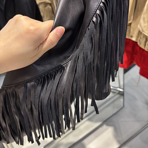 Chaqueta de Motocicleta de Cuero Sintético para Mujer, Manga Larga, Cuello Camisero, Botón Único, con Flecos, Transpirable, Estilo Invernal - Product Image 4