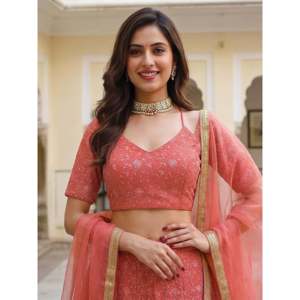 <b>Peach</b> Embroidered Georgette Festival Lehenga Choli for Women - Product Image 2